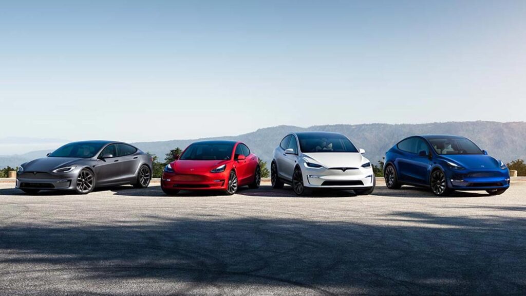 2021 Tesla vehicle lineup; from left to right: Tesla Model S, Tesla Model 3, Tesla Model X, Tesla Model Y.