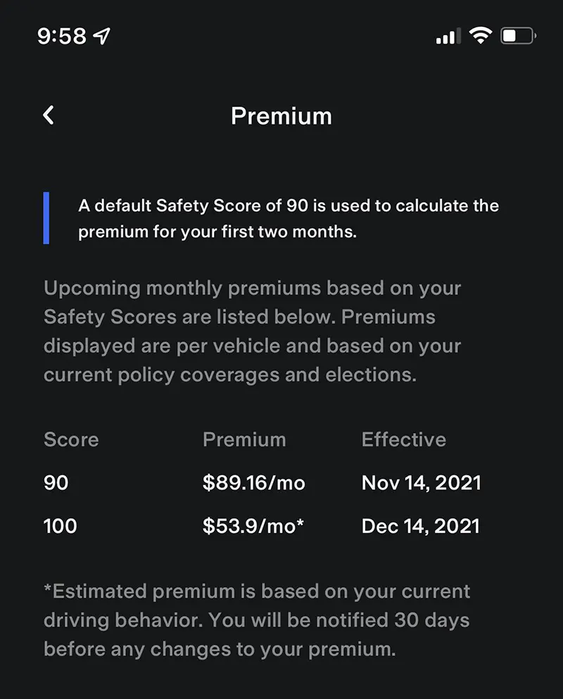 Tesla Insurance premium rates based on the Safety Score (driving behavior).