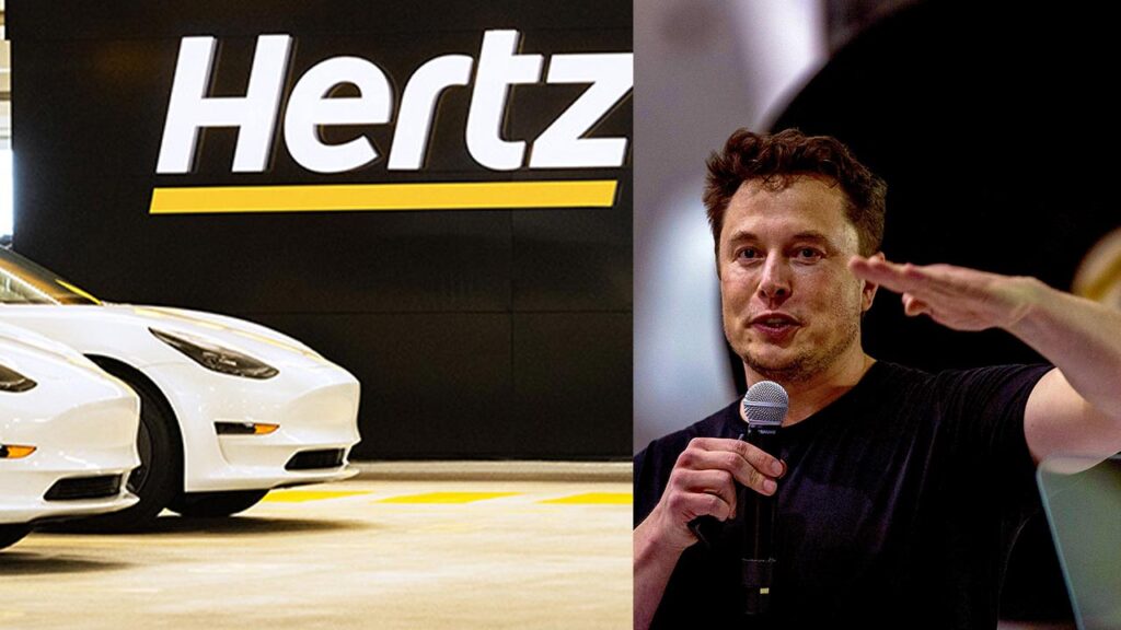 Tesla Model 3 Hertz rental cars (left), Elon Musk with a mic (right).