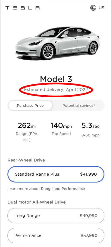 New prices of the Tesla Model 3 as of 6th October 2021 (screenshot from the Tesla online car configurator).
