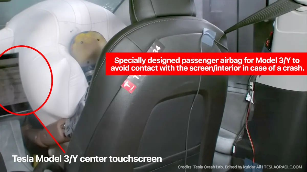 Specially designed airbags for the Tesla Model 3 and Model Y passengers to avoid contact with the center touchscreen and interior.