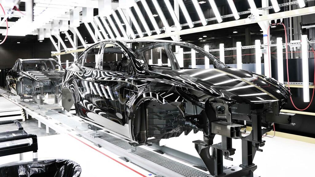 Tesla Model Y body frames at Gigafactory Texas quality control department as of Q3 2021.