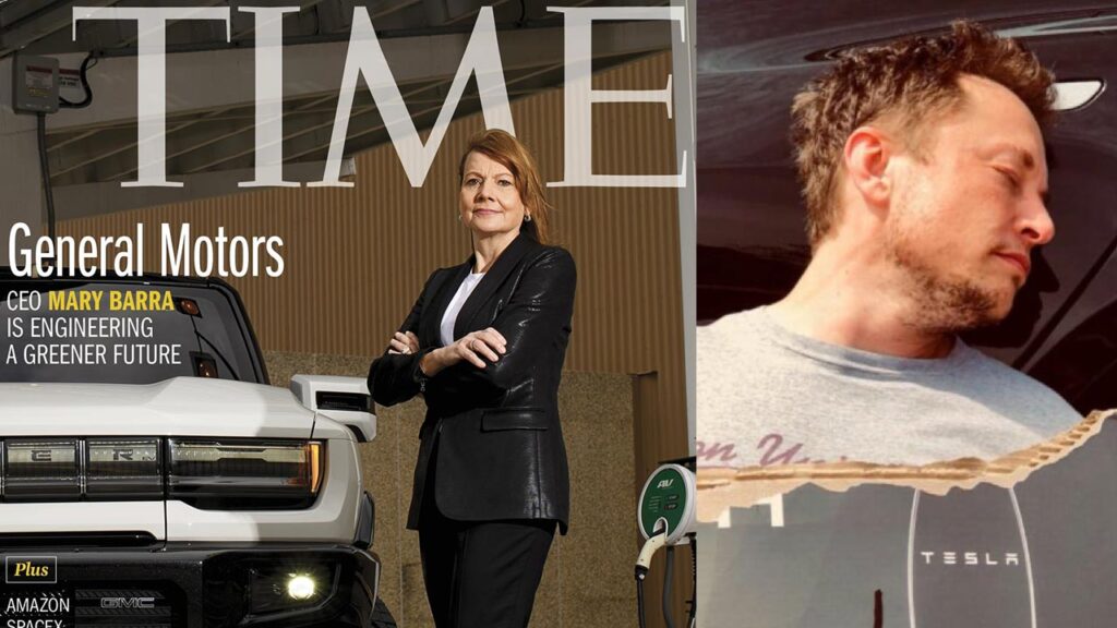 GM CEO Mary Barra on the cover of Time Magazine (left), Elon Musk bankwupt photo (right).