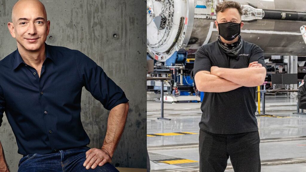 Blue Origin CEO Jeff Bezos (left), SpaceX CEO Elon Musk (right).