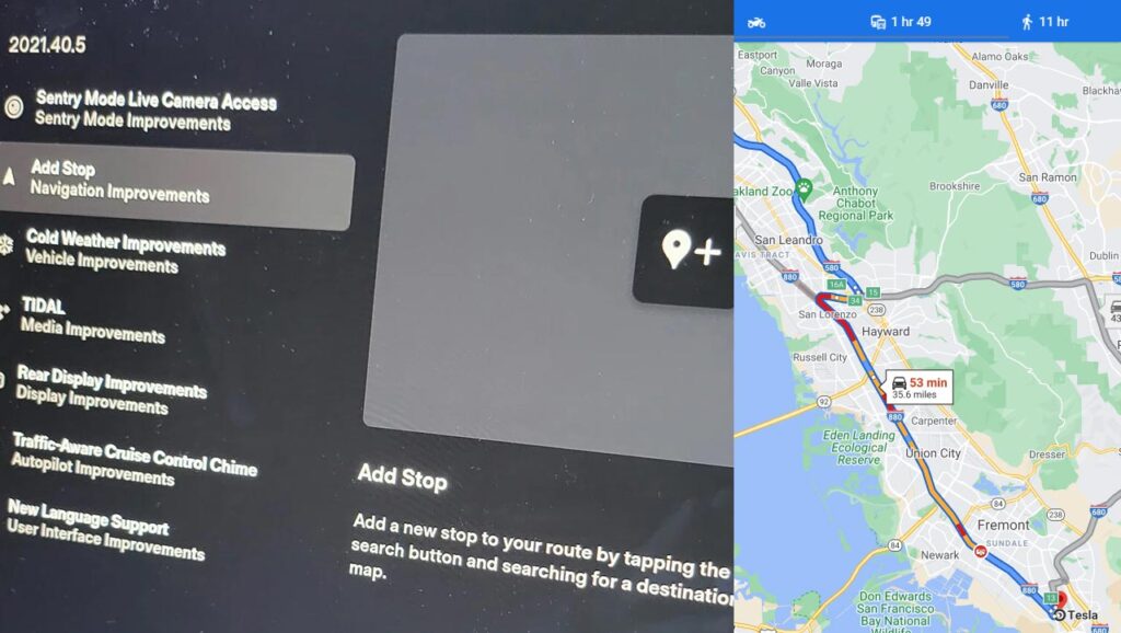 Tesla adds Waypoints (Add Stop) to the latest software update 2021.40.5).