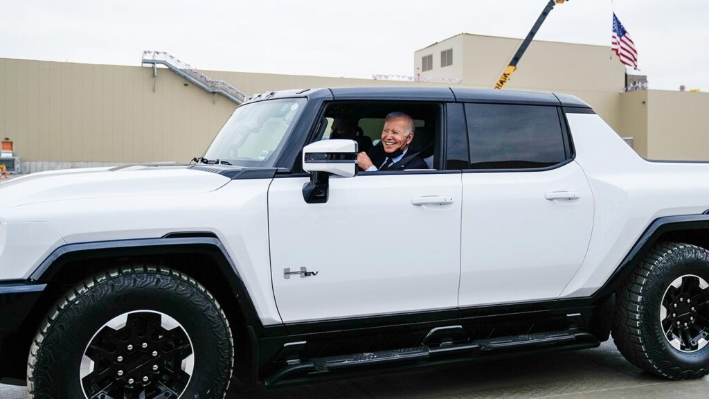 POTUS Joe Biden driving a GM Hummer EV at Factory Zero.