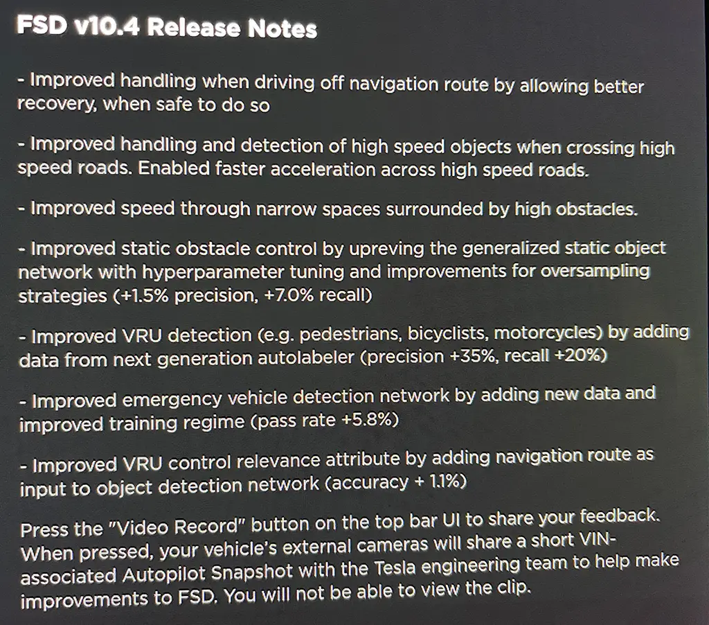 Tesla FSD Beta 10.4 release notes screenshot.
