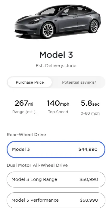 Screenshot: Tesla Model 3 prices as of November 05, 2021.