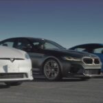 Tesla Model S Plaid, BMW M5 CS, and Cadillac CT5-V Blackwing at the dragstrip start line.