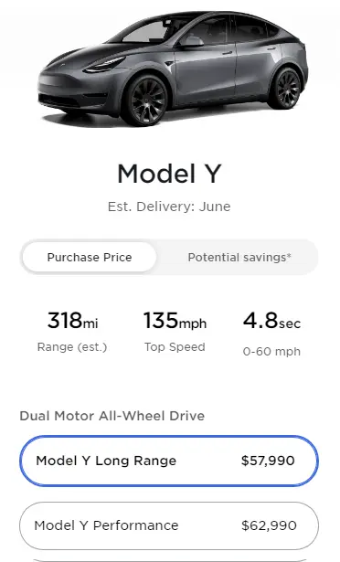 Screenshot: Tesla Model Y prices as of November 05, 2021.