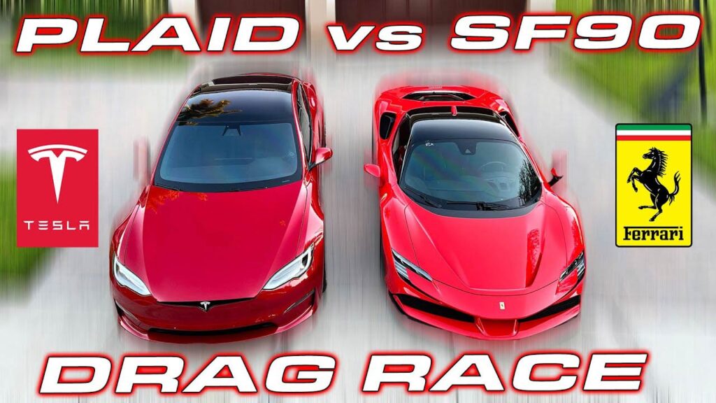 Tesla Model S Plaid vs. Ferrari SF90 Stradale drag race (video in the article).