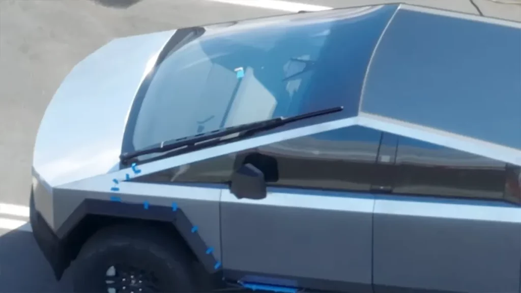 Aerial closeup of the redesigned Tesla Cybertruck.