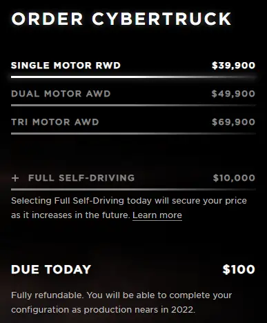 Tesla Cybertruck's old reservation screen shows three selectable variants (Single Motor RWD, Dual Motor AWD, Tri-Motor AWD).