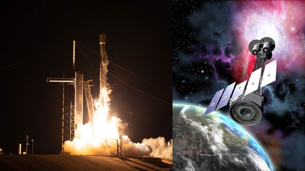 Left: SpaceX Falcon 9 rocket on liftoff (9 merlin engines firing), Right: Artist's rendering of the IXPE satellite.