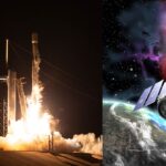 Left: SpaceX Falcon 9 rocket on liftoff (9 merlin engines firing), Right: Artist's rendering of the IXPE satellite.