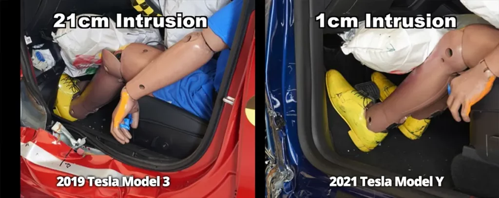 Tesla Model 3 vs. Model Y driver-side small overlap test: footwell intrusion comparison.