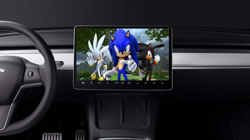 Tesla Model Y center touchscreen with Sonic the Hedgehog video game (illustrated).