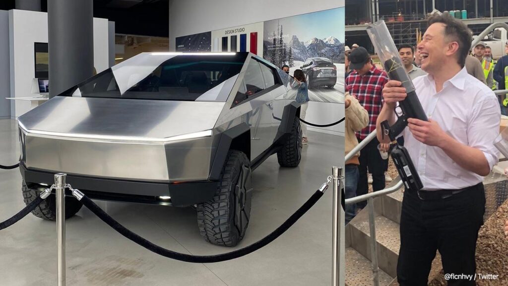 Tesla Cybertruck at a showroom (left), Elon Musk laughing (right).