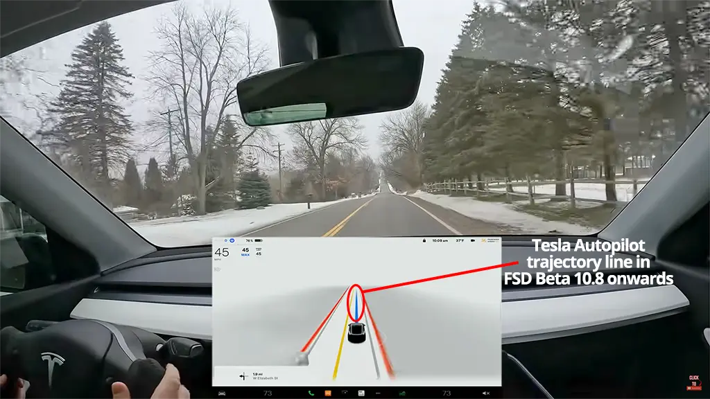 Tesla Autopilot trajectory line shown on full screen driving visualizations on FSD Beta 10.8.