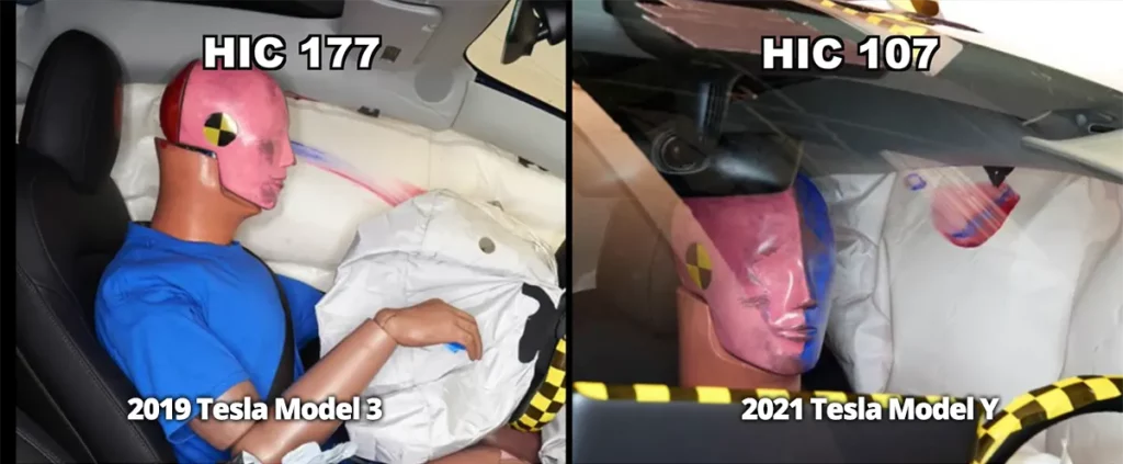 Tesla Model 3 vs. Tesla Model Y head injury collision (HIC) test points comparision by the IIHS.