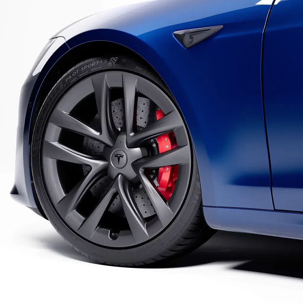 Tesla Model S Plaid 21" Arachnid wheel with Michelin Pilot Sport 4S tires and the Carbon Ceramic Brake Kit.