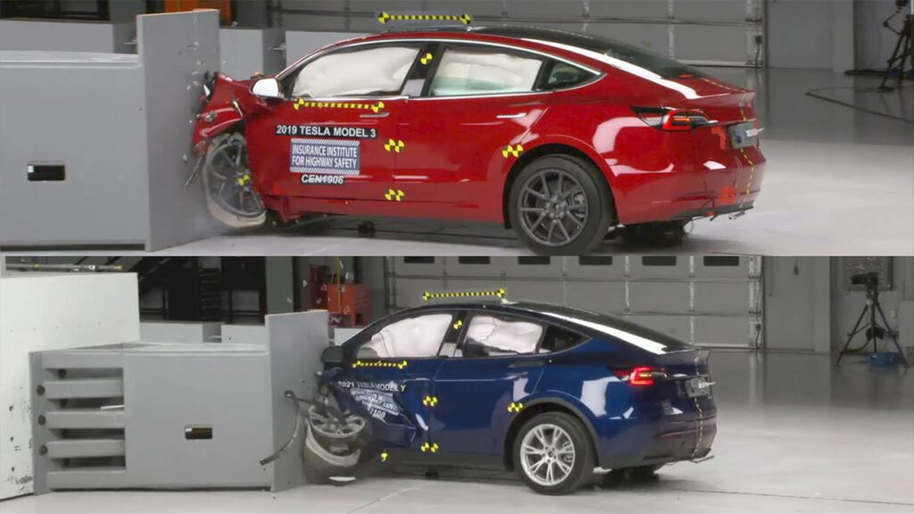 IIHS crash safety test comparison: Tesla Model 3 (above), Tesla Model Y (below).