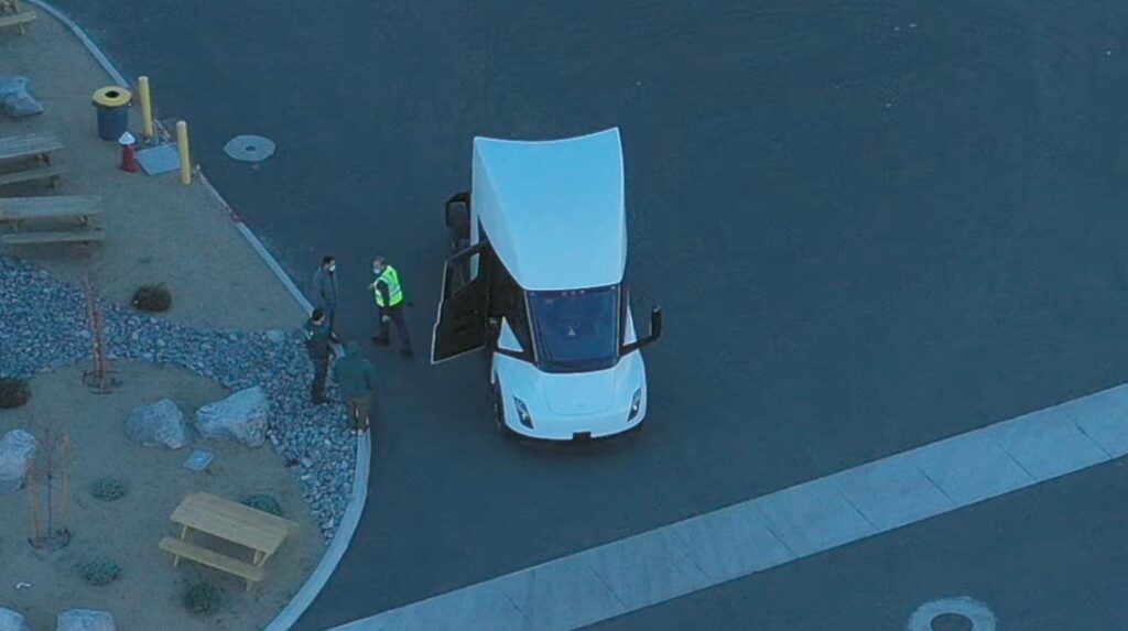 Production version of the Tesla Semi truck spotted at Giga Nevada in drone footage.