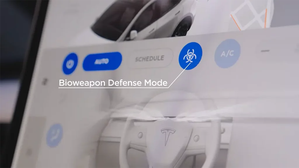 Tesla Bioweapon Defense Mode icon in the HVAC controls (toggle to turn ON and OFF).
