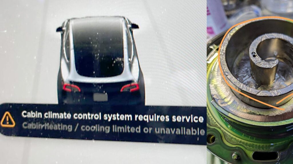 Warning dialog box on a Tesla Model Y screen saying climate control system needs service. This dialog is popping up when there is a heat pump failure in a Tesla Model 3 or Model Y in extreme cold weather.