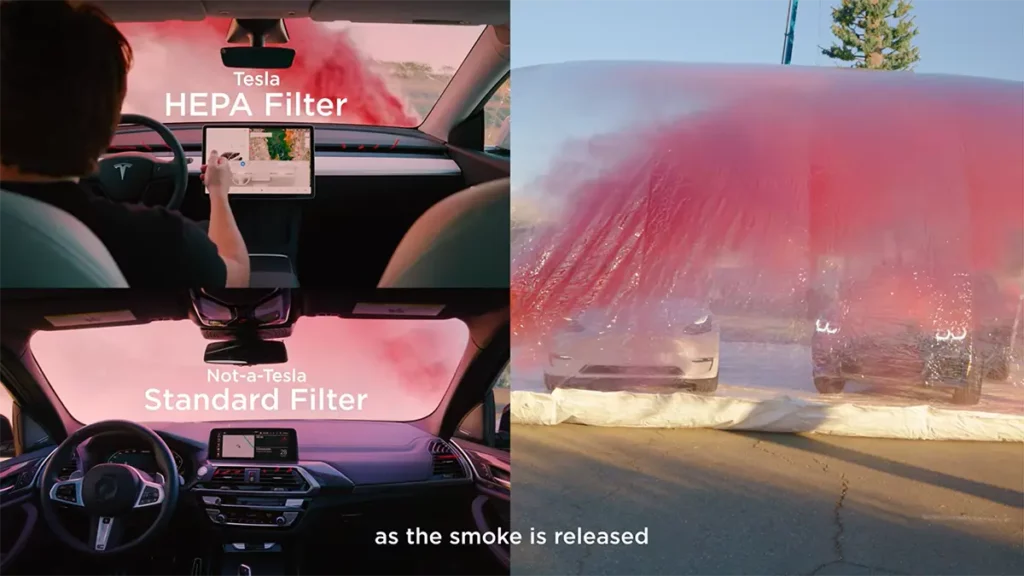 Comparing the cabins of a Tesla with HEPA filters and a BMW without the HEPA filters in dense smoke.