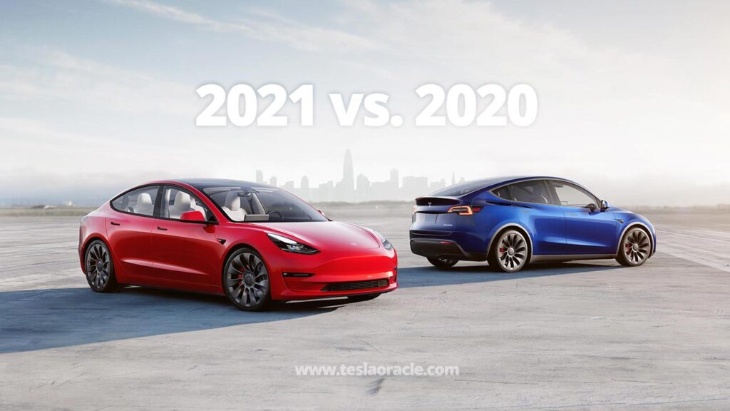 2021 design refresh Tesla Model 3 in Red Multi-Coat color (left), Tesla Model Y in Deep Blue Metallic color (right).