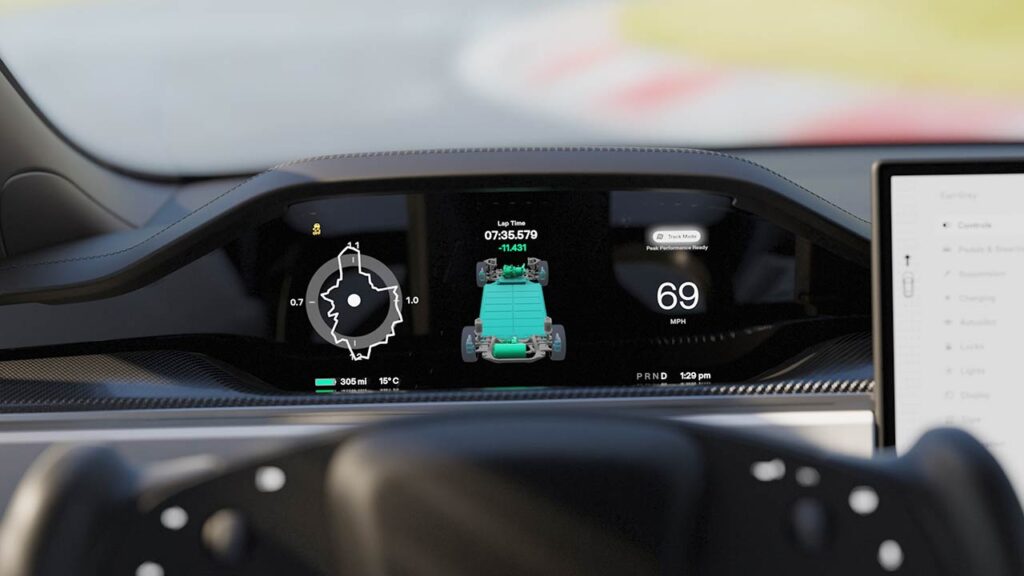 The instrument cluster screen of a Tesla Model S Plaid shows its Track Mode software interface.