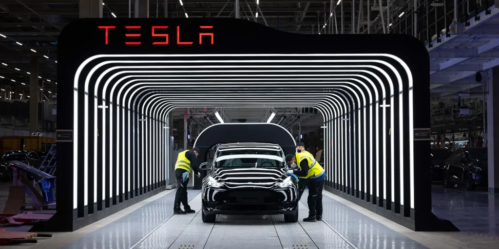 Giga Berlin-made Tesla Model Y getting inspected for quality control.