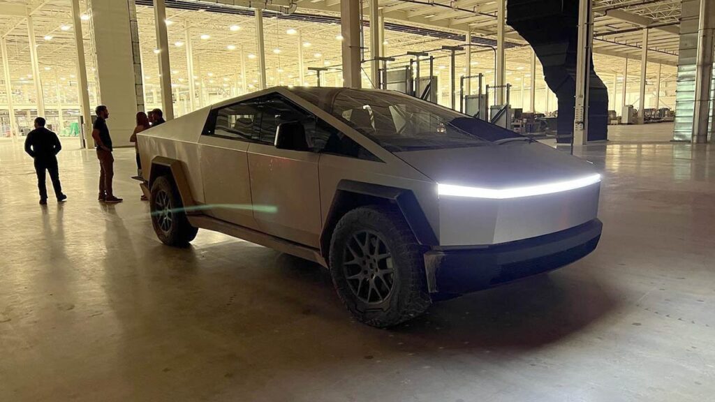 Tesla Cybertruck displayed at Giga Texas on the day of Q4 2021 and Year 2021 Earnings Call with Elon Musk.