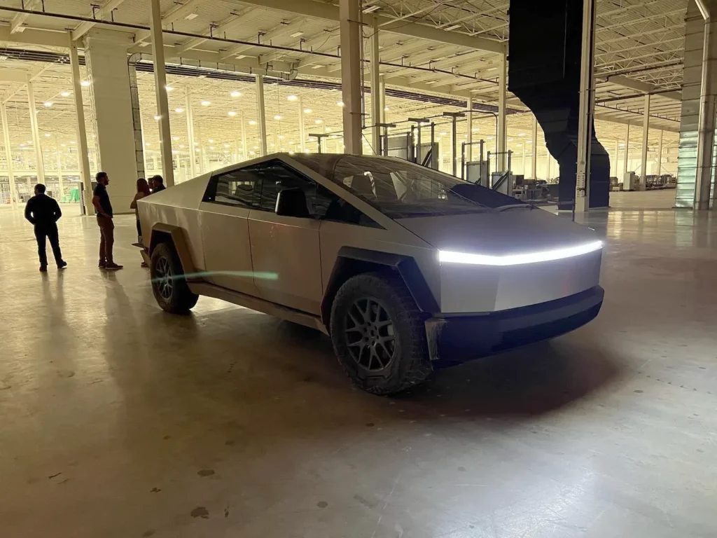 Tesla Cybertruck displayed at Giga Texas on the day of Q4 2021 and Year 2021 Earnings Call with Elon Musk.