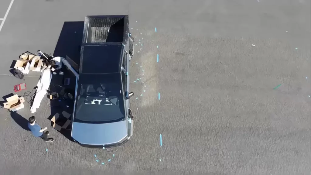 Tesla Cybertruck getting tested at the Fremont factory test track, notice the dashed lines drawn around the truck by the testing engineers.