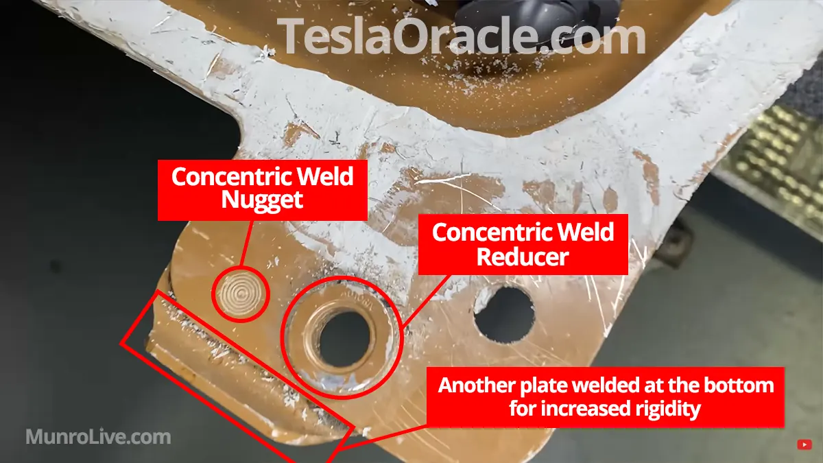Concentric weld bottom aluminum to aluminum plates of the Tesla Model S Plaid battery pack.