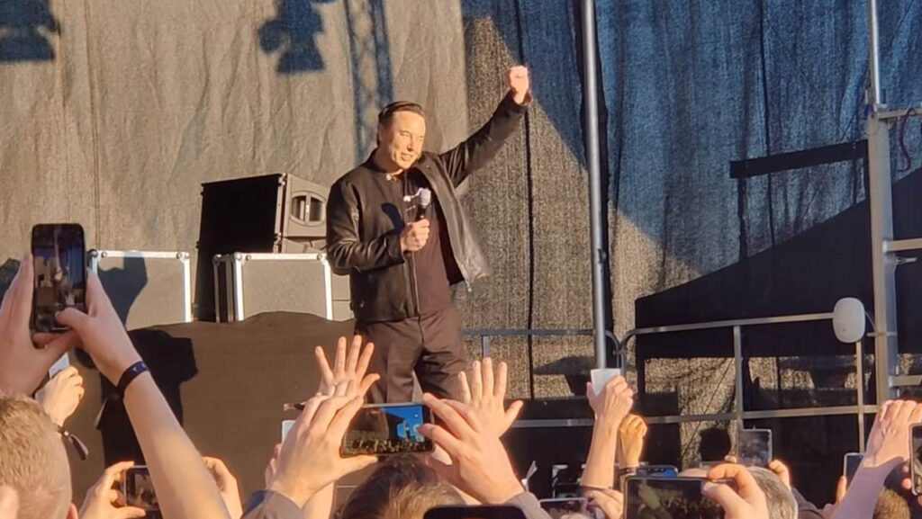 Elon Musk addressing the employees and guests after the Tesla Model Y delivery event at Gigafactory Berlin.