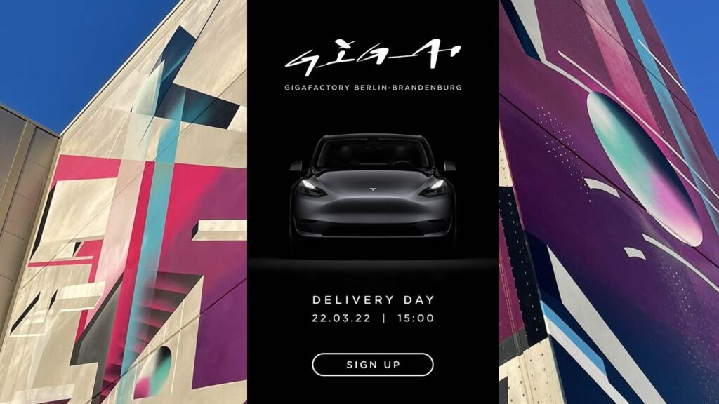 Giga Berlin graffiti art in the background and the Model Y delivery invite email for March 22 on the center forefront.