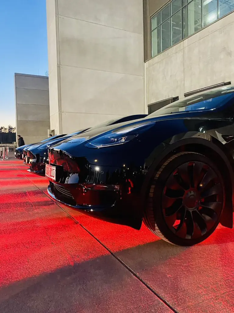Tesla Model Y cars lined up at Gigafactory Berlin-Brandenburg for first-production customer deliveries on 22nd Mar 2022.