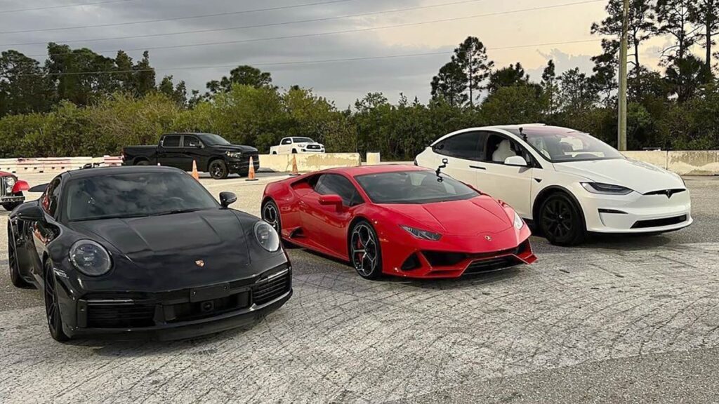 From left to right: Porsche 992 Turbo, Lamborghini Huracan EVO, Tesla Model X Plaid luxury electric SUV.