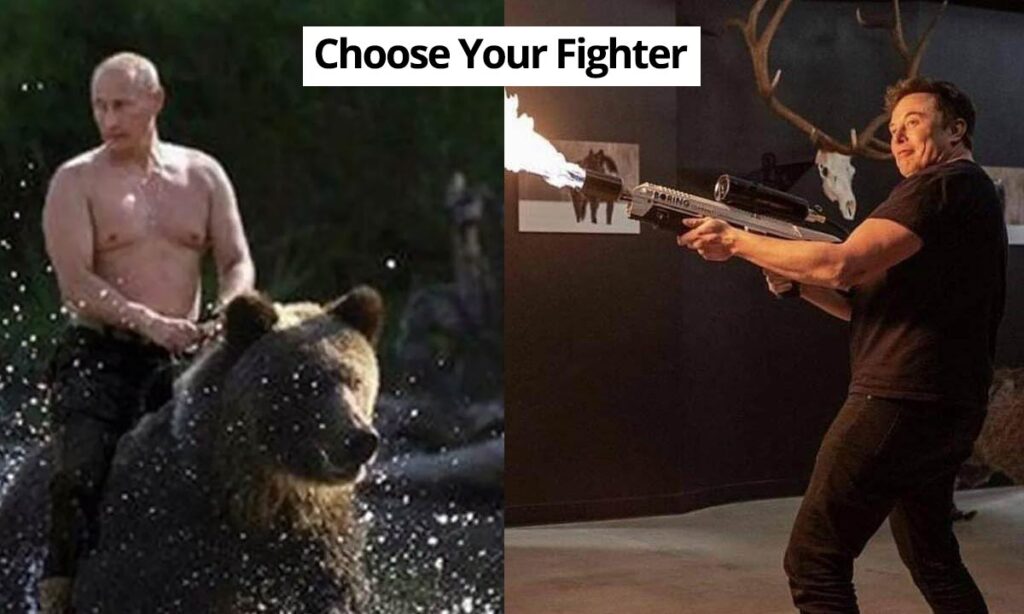 Meme: Vladimir Putin riding a bear and Elon Musk with his infamous flamethrower gun.