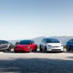 From left to right: Tesla Model S, Model 3, Model X, and Model Y electric cars.
