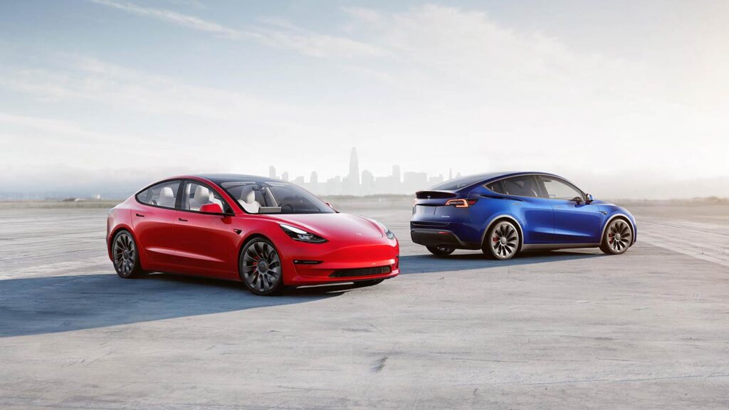 Tesla Model 3 (Red) and Tesla Model Y (Blue) posing for the picture.