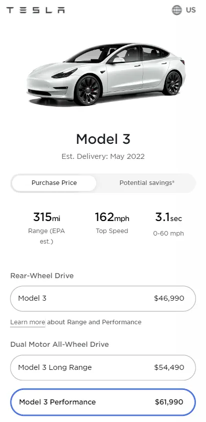 New Tesla Model 3 prices after increment as of March 14, 2022). 