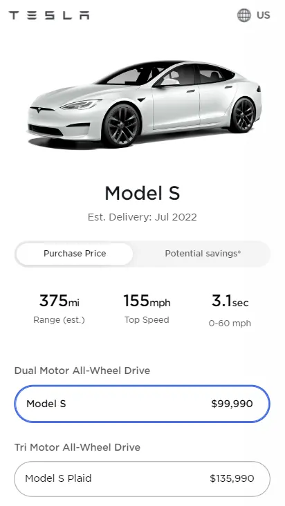New Tesla Model S prices after increment as of March 14, 2022).