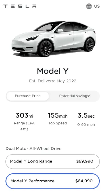 Tesla Model Y prices after the increase of $1,000 to the Long Range AWD and Performance variants (as of March 10, 2022).