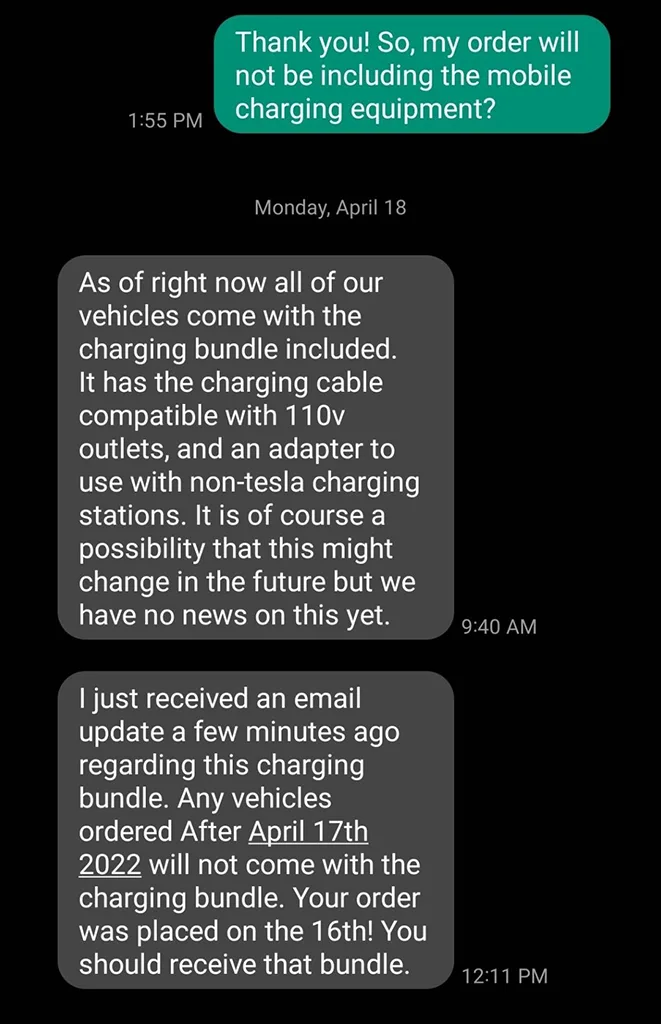 Communication of a Tesla customer to a Tesla sales assistant confirming the cutoff date for the Mobile Connector charging equipment.