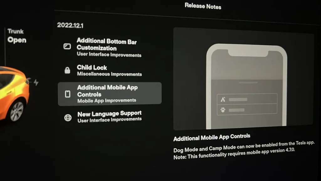 Screenshot of the Tesla software update 2022.12.1 release notes for the Additional Mobile App Controls feature. 