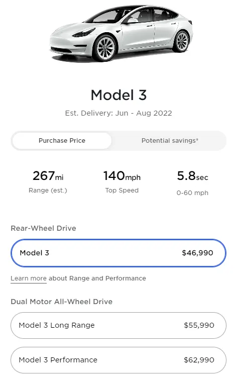 Screenshot: Prices of all the variants of Tesla Model 3 in the United States as of 12th April 2022. 